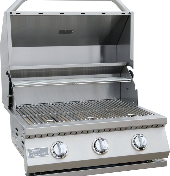 Stainless steel grill with three control knobs on a white background