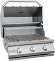 Stainless steel grill with three control knobs on a white background
