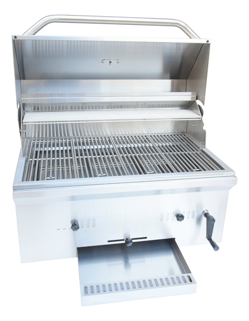 Stainless steel grill with open lid on a white background