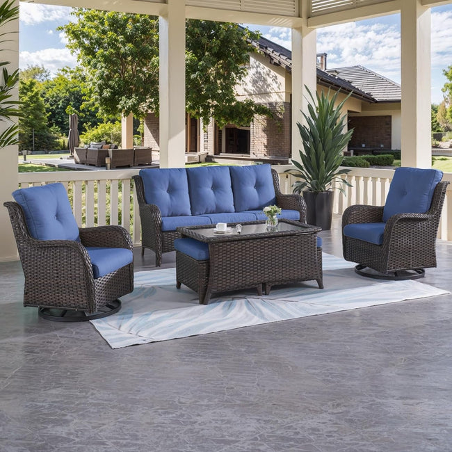 Outdoor patio set with blue cushions on a covered patio