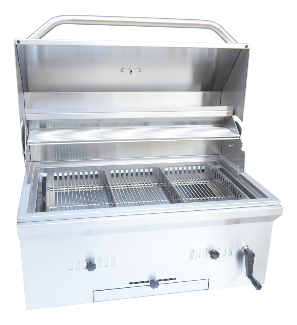 Stainless steel grill with open lid on a white background