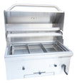 Stainless steel grill with open lid on a white background