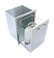 White gas cylinder inside a metallic cabinet with glass door on a white background