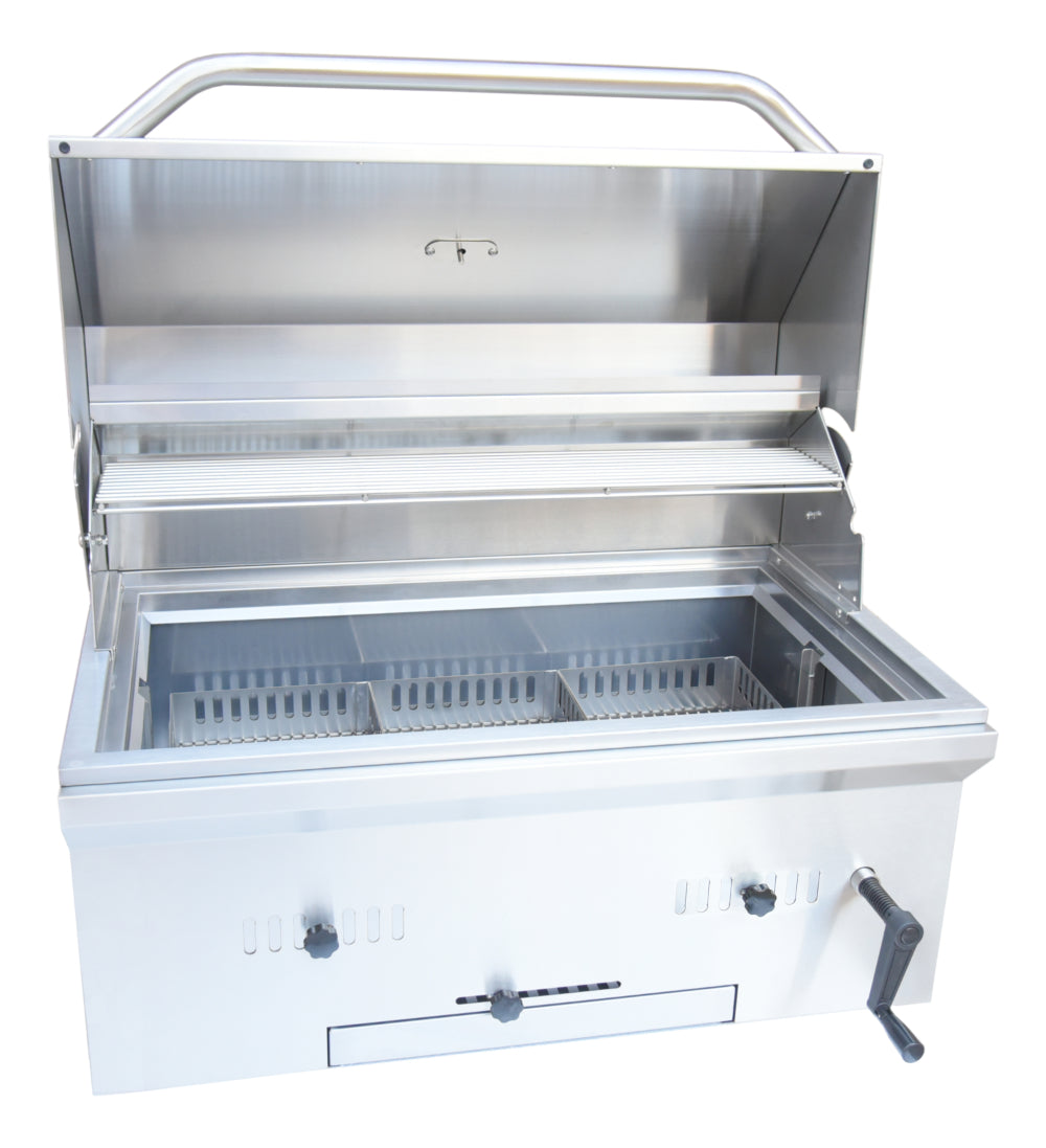 Stainless steel grill with open lid on a white background