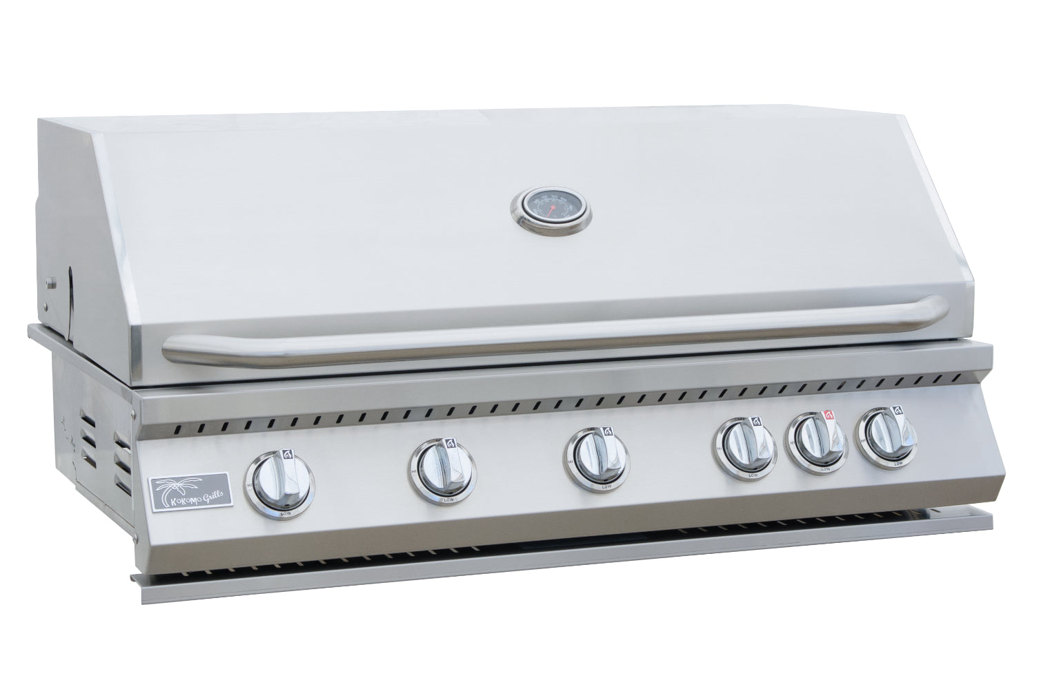 Stainless steel grill with multiple control knobs on a white background