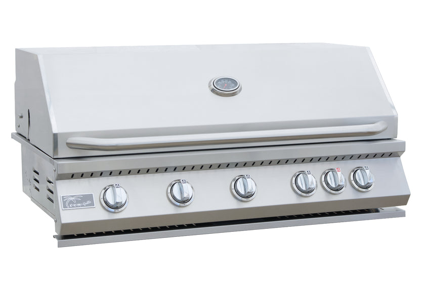 Stainless steel grill with multiple control knobs on a white background