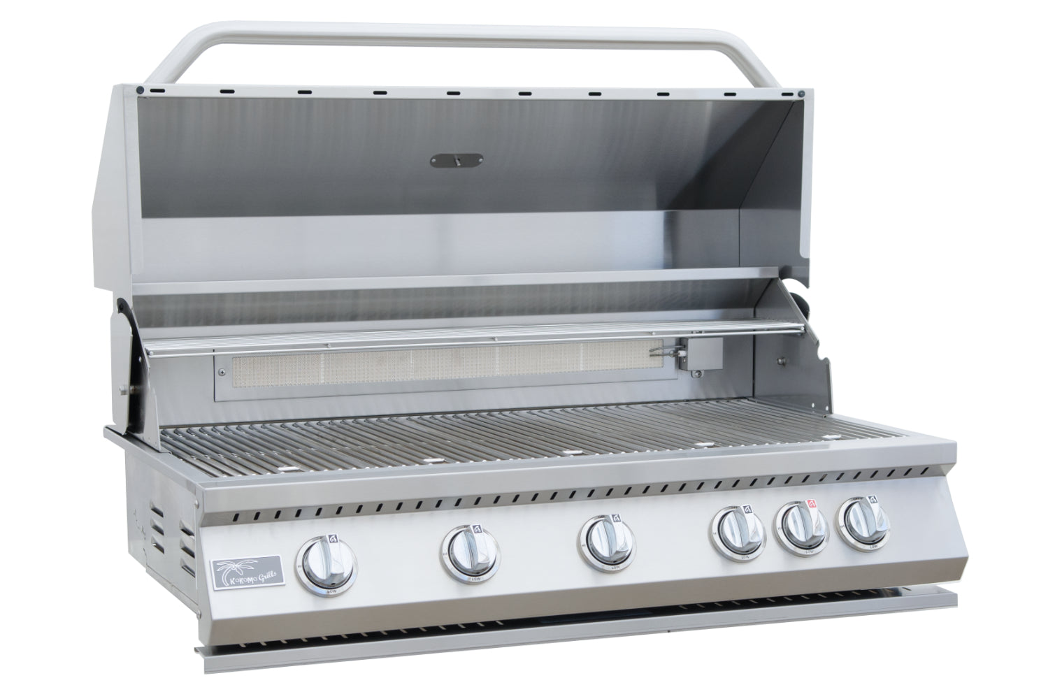 Stainless steel grill with four burners on a white background