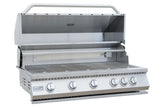 Stainless steel grill with four burners on a white background