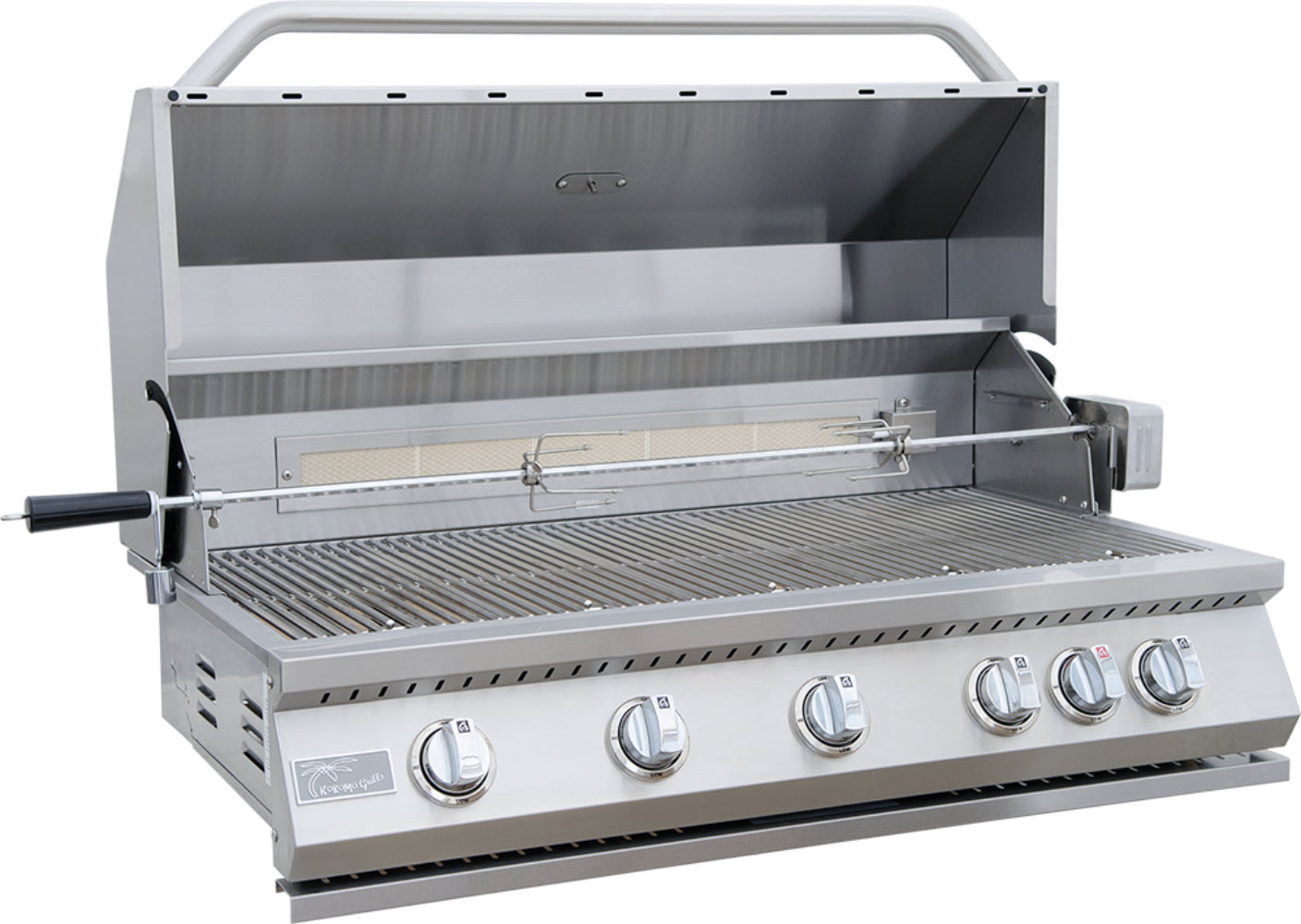 Stainless steel grill with four control knobs on a white background