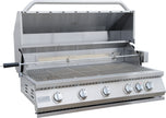 Stainless steel grill with four control knobs on a white background