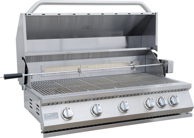 Stainless steel grill with four control knobs on a white background