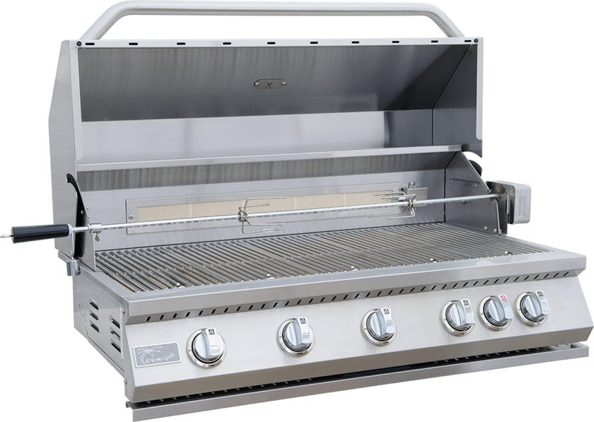 Stainless steel grill with four control knobs on a white background