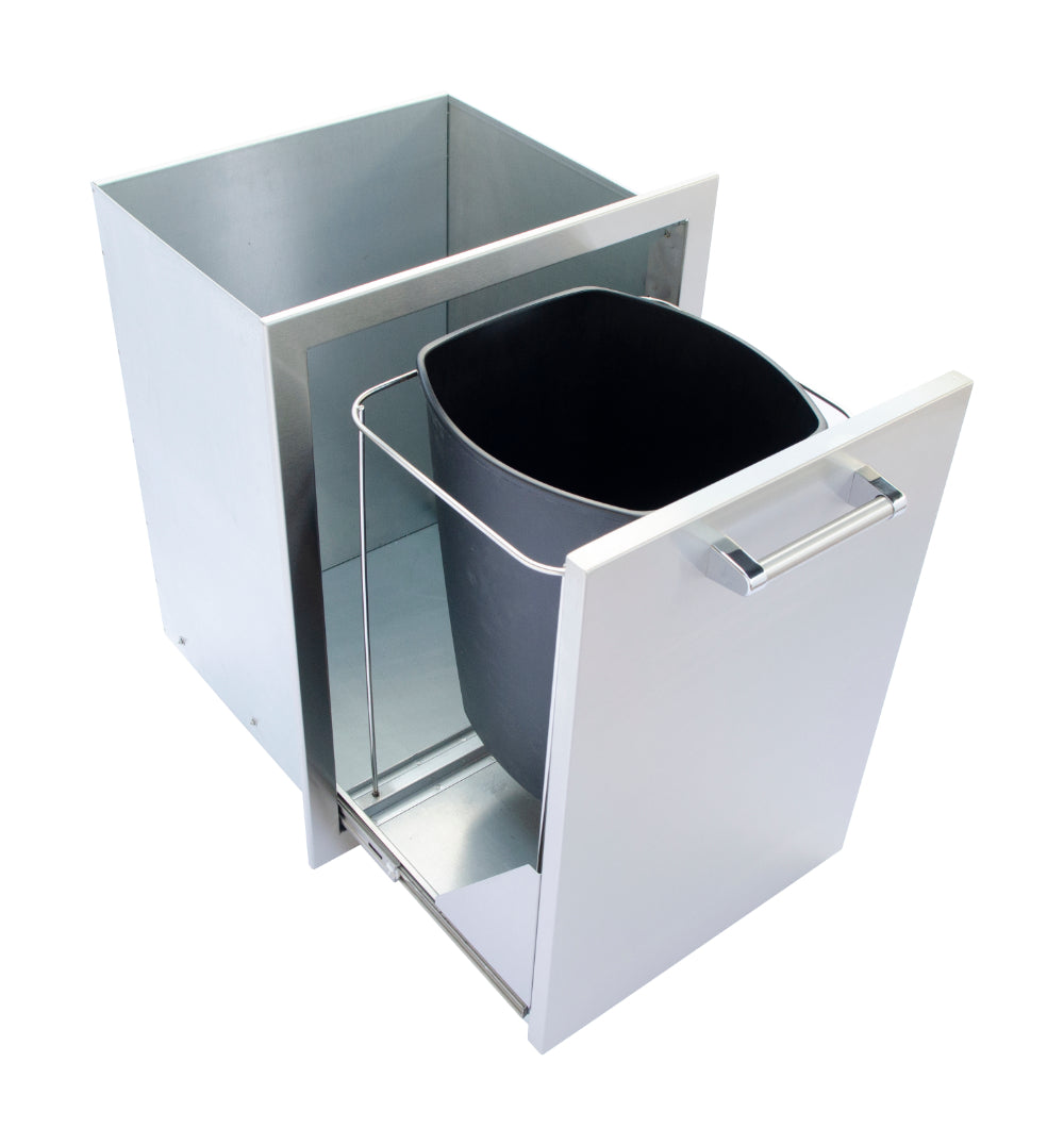 White trash bin with a black liner on a white background