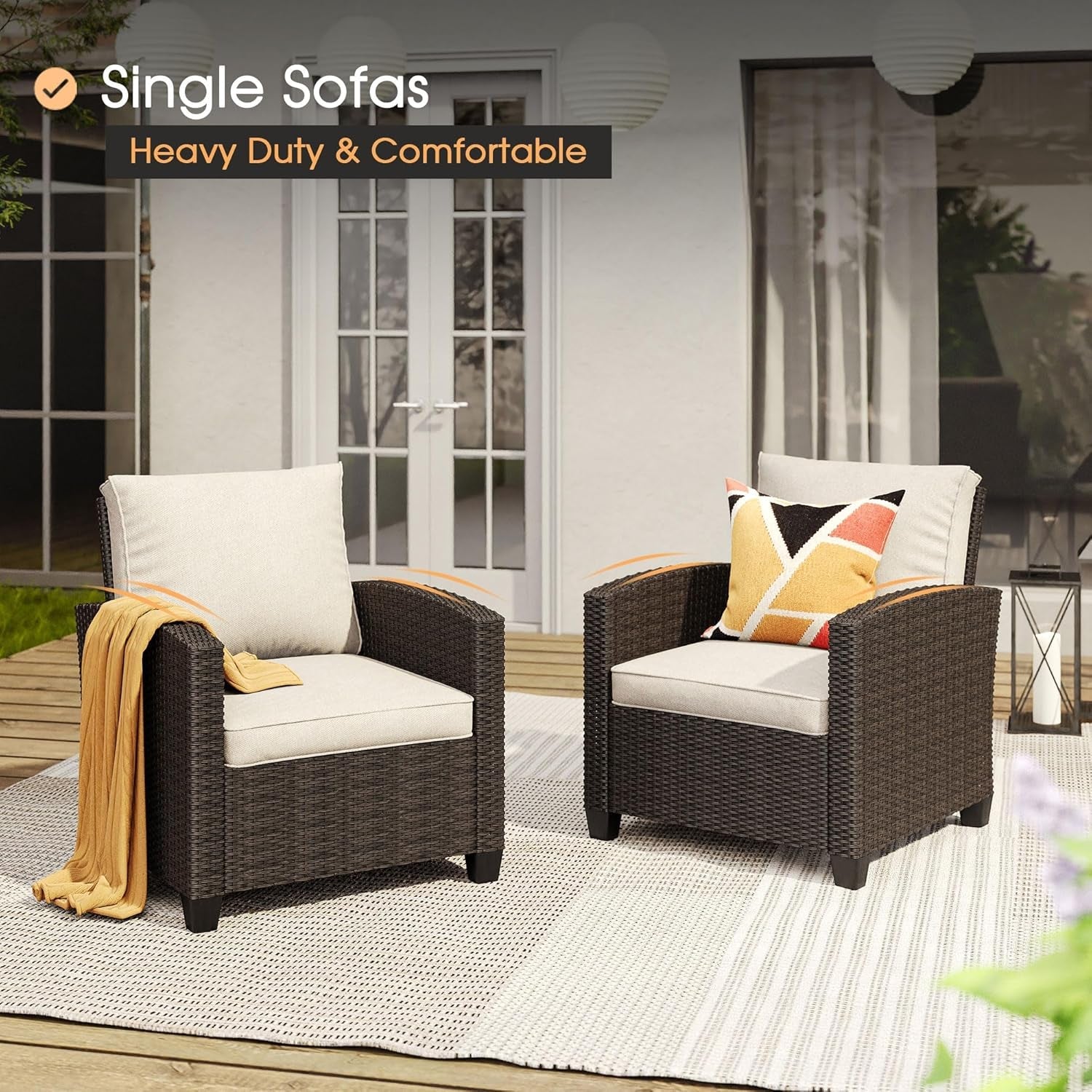Two wicker chairs with cushions on a patio, labeled 'Single Sofas Heavy Duty & Comfortable'.