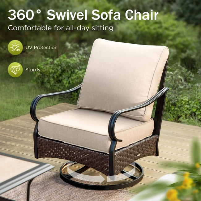 360-degree swivel sofa chair with beige cushions on a wooden deck, surrounded by greenery.