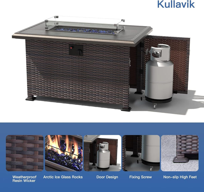 Outdoor fire pit table with wicker design, gas tank, and features highlighted.