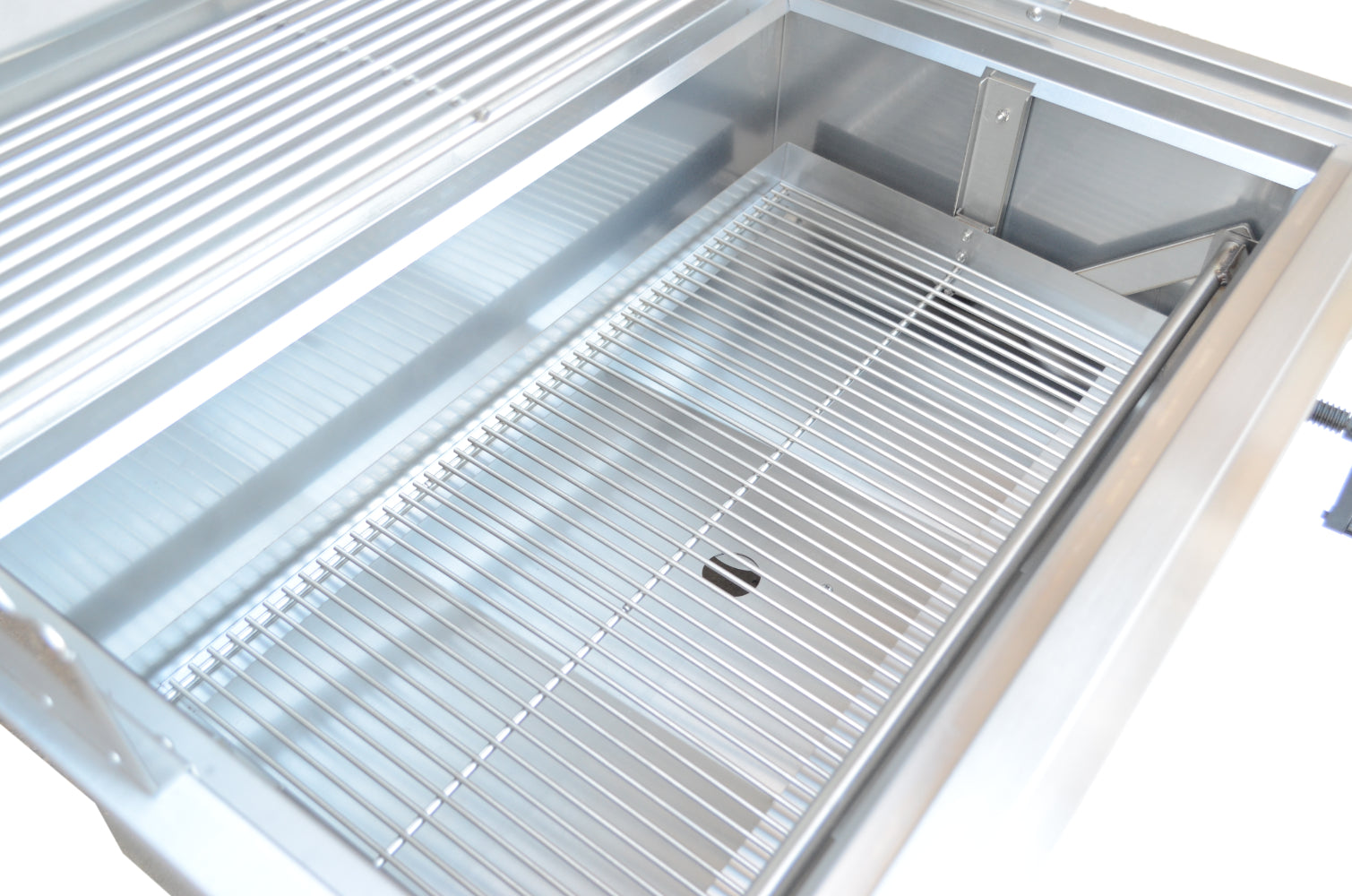 Metallic interior of a freezer with a grid-like design