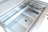 Stainless steel kitchen sink with a white background