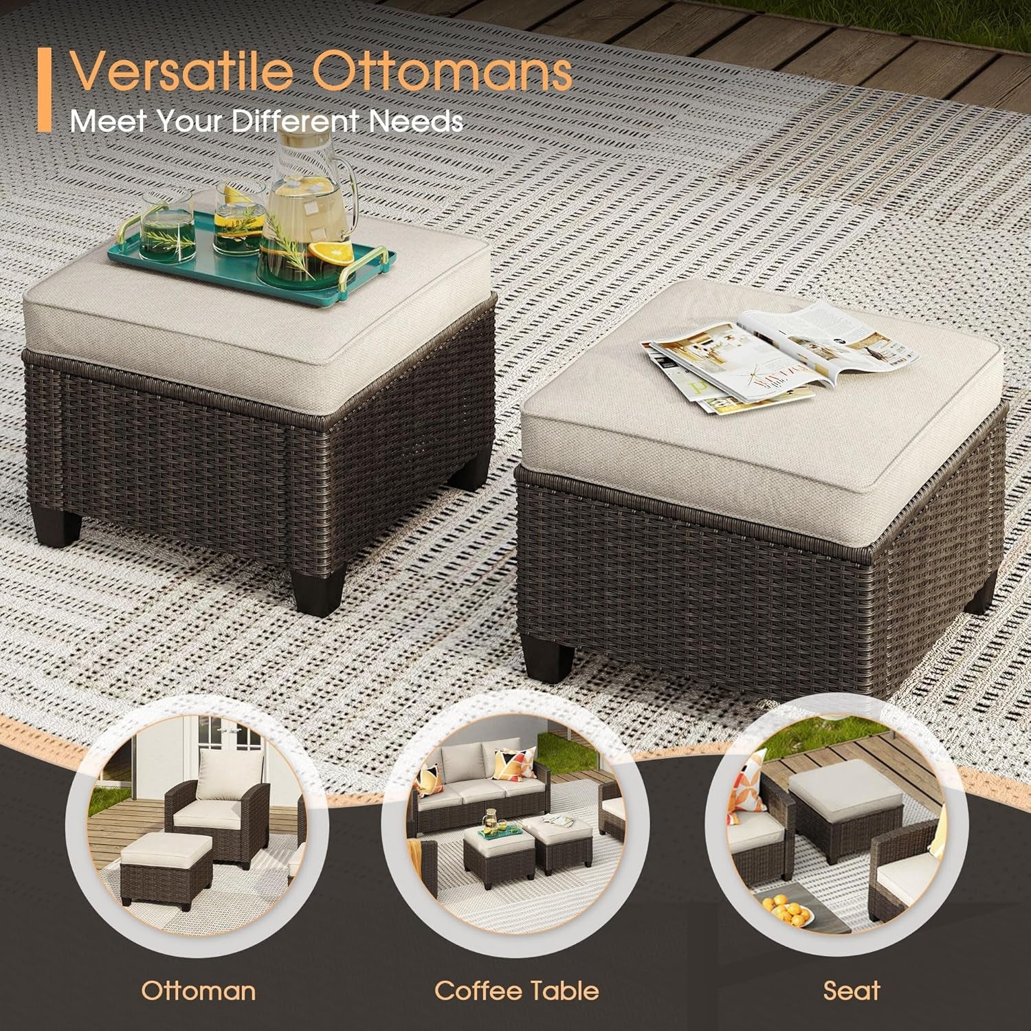 Two wicker ottomans with cushions on a patio, with text highlighting their versatility.