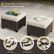 Two wicker ottomans with cushions on a patio, with text highlighting their versatility.
