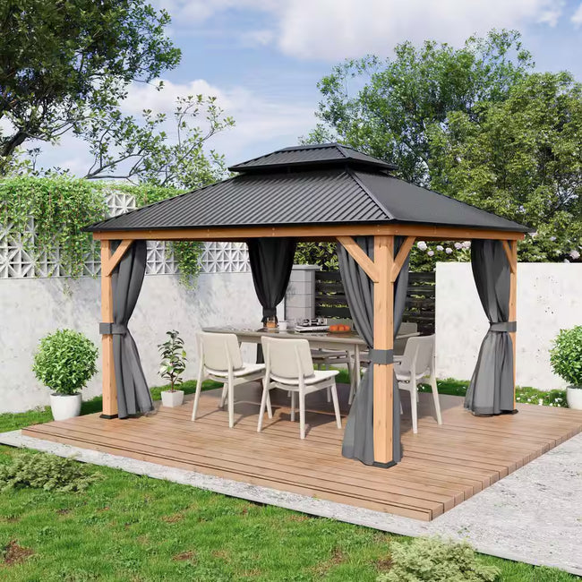 11 Ft. X 13 Ft. Double Roof Hardtop Wooden Patio Gazebo with Netting and Gray Curtains