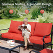 Woman sitting on a red outdoor sofa reading a book with text about the sofa's features.