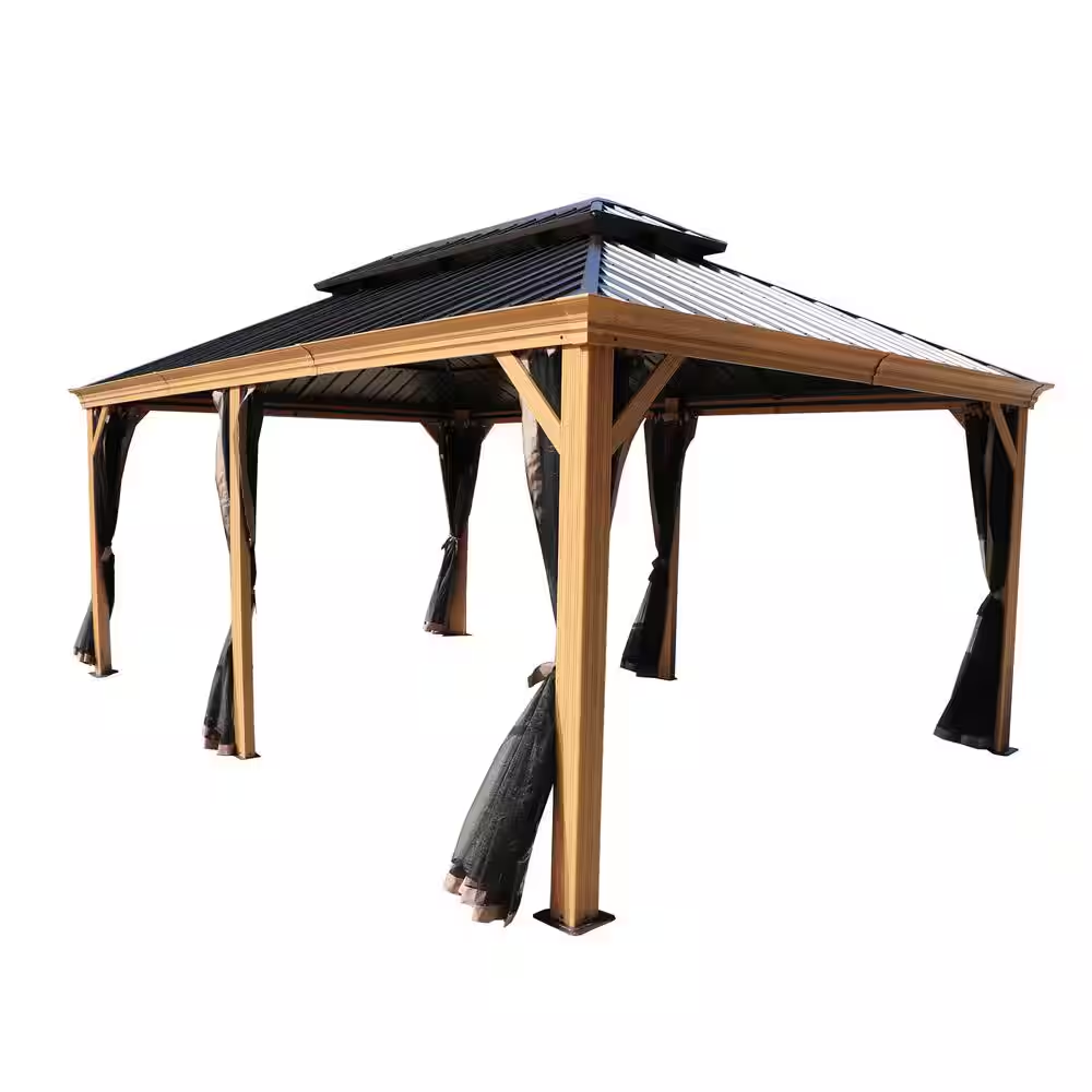 Wooden gazebo with a metal roof on a white background