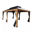Wooden gazebo with a metal roof on a white background