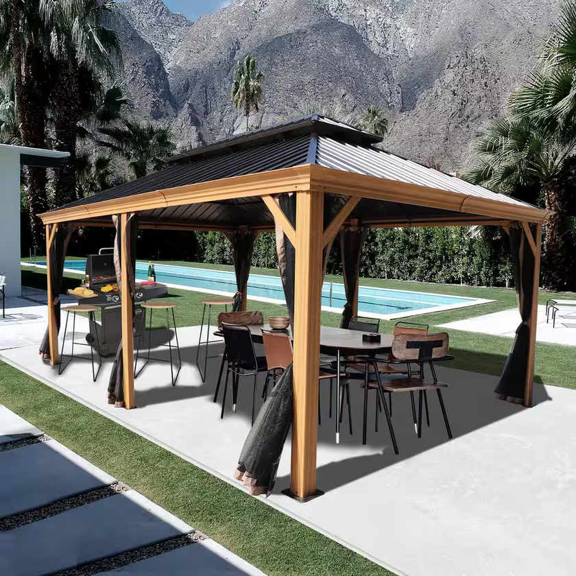 Wooden gazebo with outdoor furniture near a pool and mountains