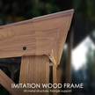 Wooden frame with text 'Imitation wood frame' and 'All metal structure, Triangle support'.