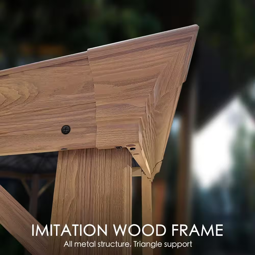 Wooden frame with text 'Imitation wood frame' and 'All metal structure, Triangle support'.
