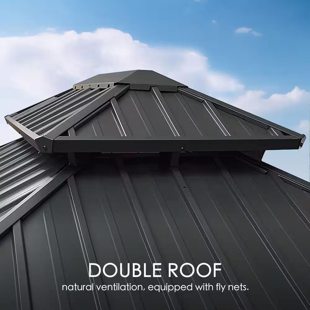 Double roof structure with text indicating natural ventilation and fly nets against a blue sky.