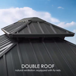 Double roof structure with text indicating natural ventilation and fly nets against a blue sky.