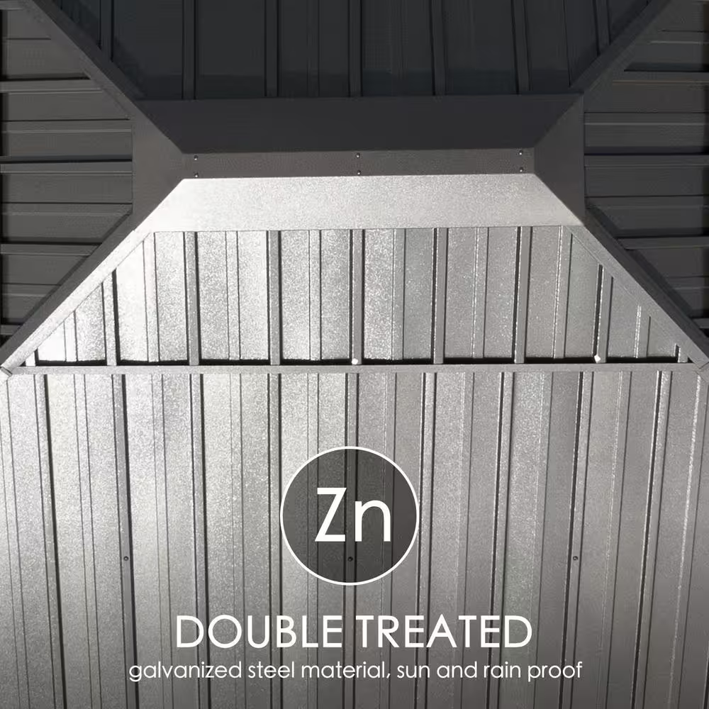 Galvanized steel material with 'Zn' logo and text indicating double treatment for sun and rain proofness.