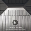 Galvanized steel material with 'Zn' logo and text indicating double treatment for sun and rain proofness.