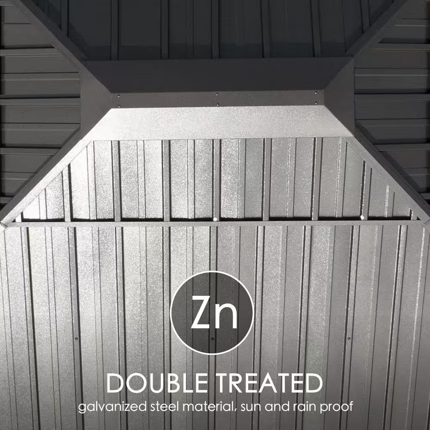Galvanized steel material with 'Zn' logo and text indicating double treatment for sun and rain proofness.