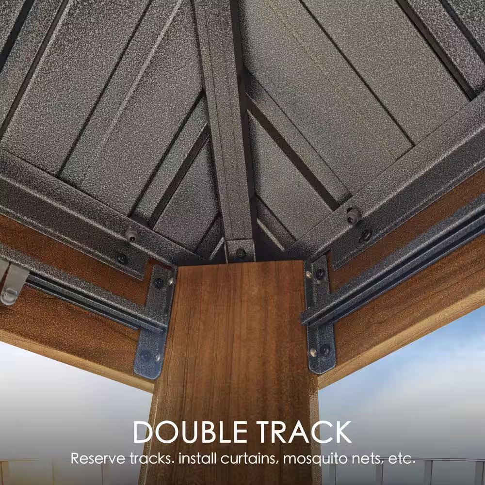 Wooden pergola with double track system for installing curtains or mosquito nets.