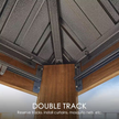 Wooden pergola with double track system for installing curtains or mosquito nets.