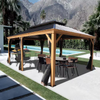 Wooden gazebo with outdoor furniture near a pool and mountains
