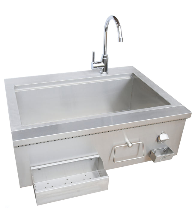 Stainless steel kitchen sink with faucet on a white background