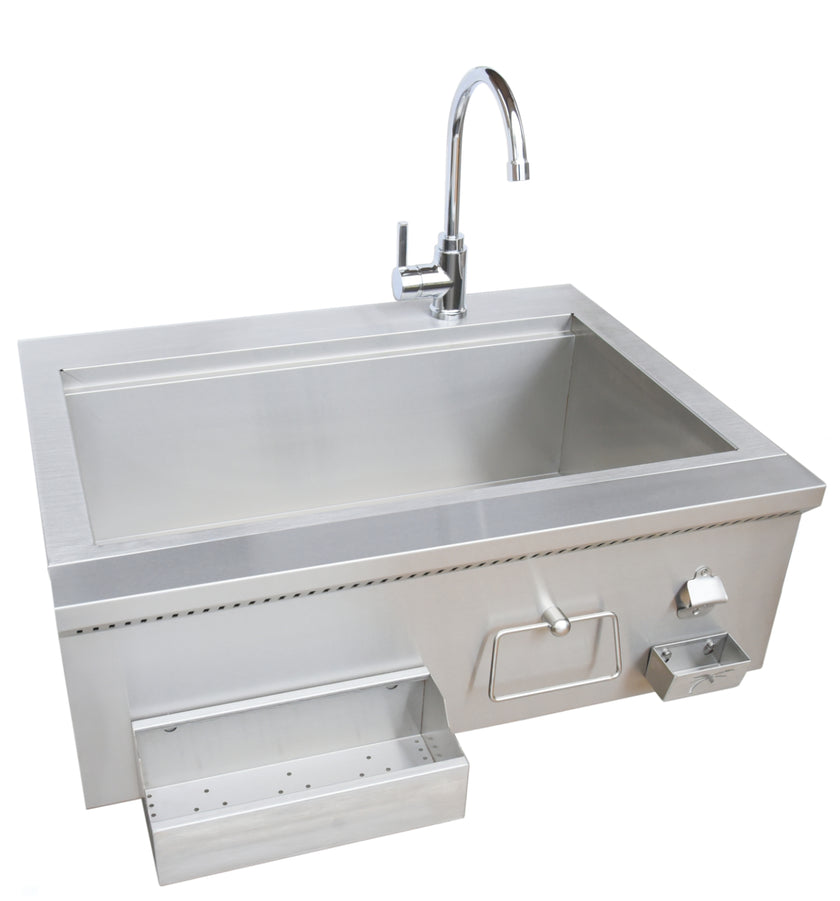 Stainless steel kitchen sink with faucet on a white background