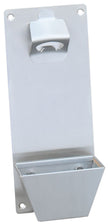 Metal wall-mounted bottle opener with a small trash can attached below on a white background