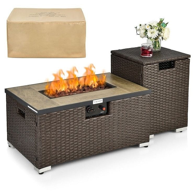 Outdoor Propane Fire Pit with Side Table Tank Holder in Brown PE Rattan-0