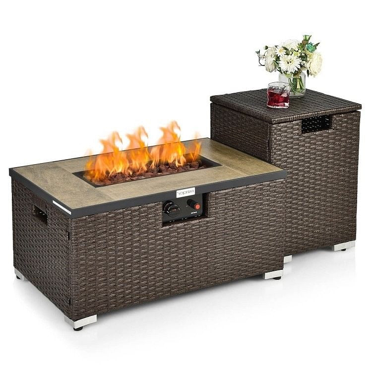 Outdoor Propane Fire Pit with Side Table Tank Holder in Brown PE Rattan-2