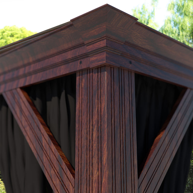 Close-up of a wooden gazebo structure with a dark brown finish.