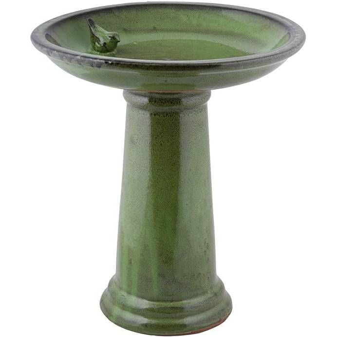 Green Ceramic Outdoor Garden Birdbath - 16-inch Diameter-0