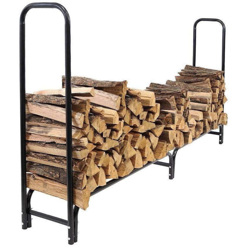 Indoor/Outdoor 8-ft. Black Metal Firewood Rack with Cover-0