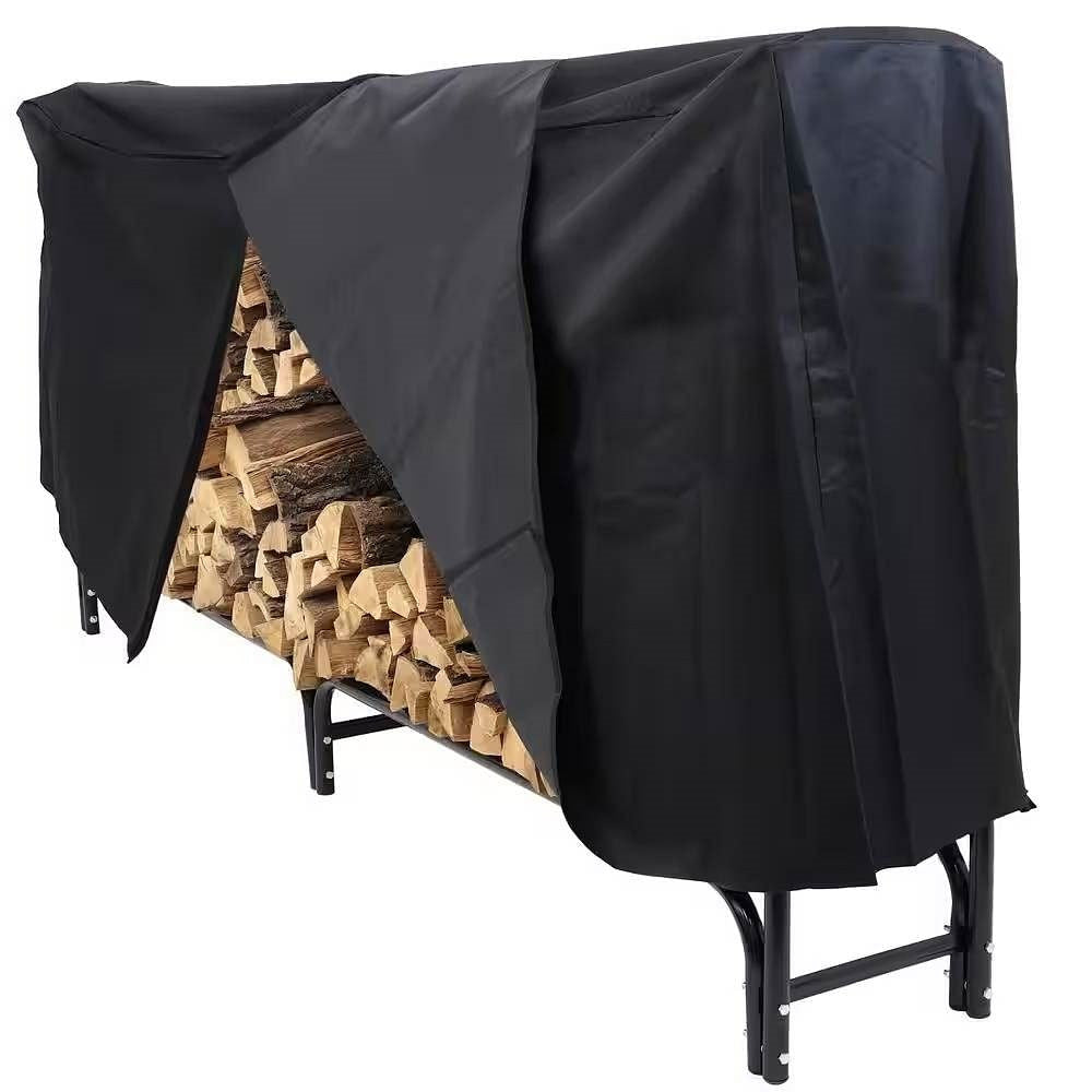 Indoor/Outdoor 8-ft. Black Metal Firewood Rack with Cover-2