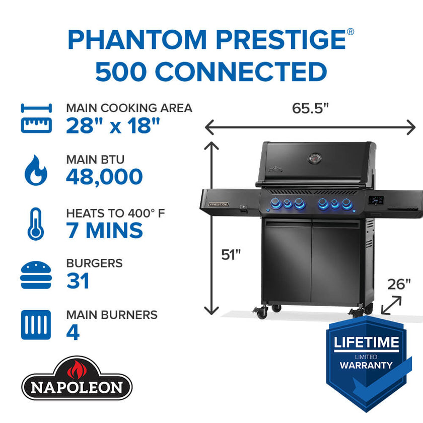 Napoleon Phantom Prestige 500 Connected grill with specifications and branding on a white background