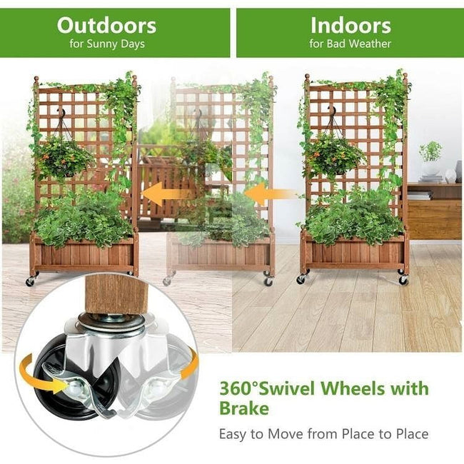 Outdoor Solid Wood Raised Garden Bed Mobile Planter Box with Trellis on Wheels-1